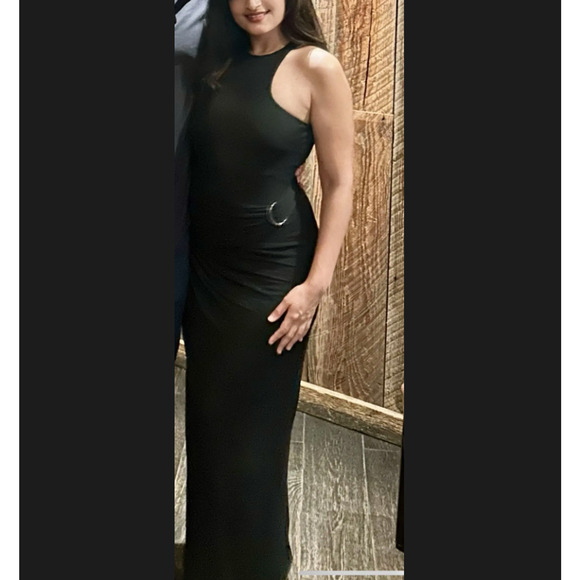 Halston Black Tank Gown Size 8 Cocktail Bodycon Halter Chic Maxi Dress $545 Flaw - Picture 4 of 10
